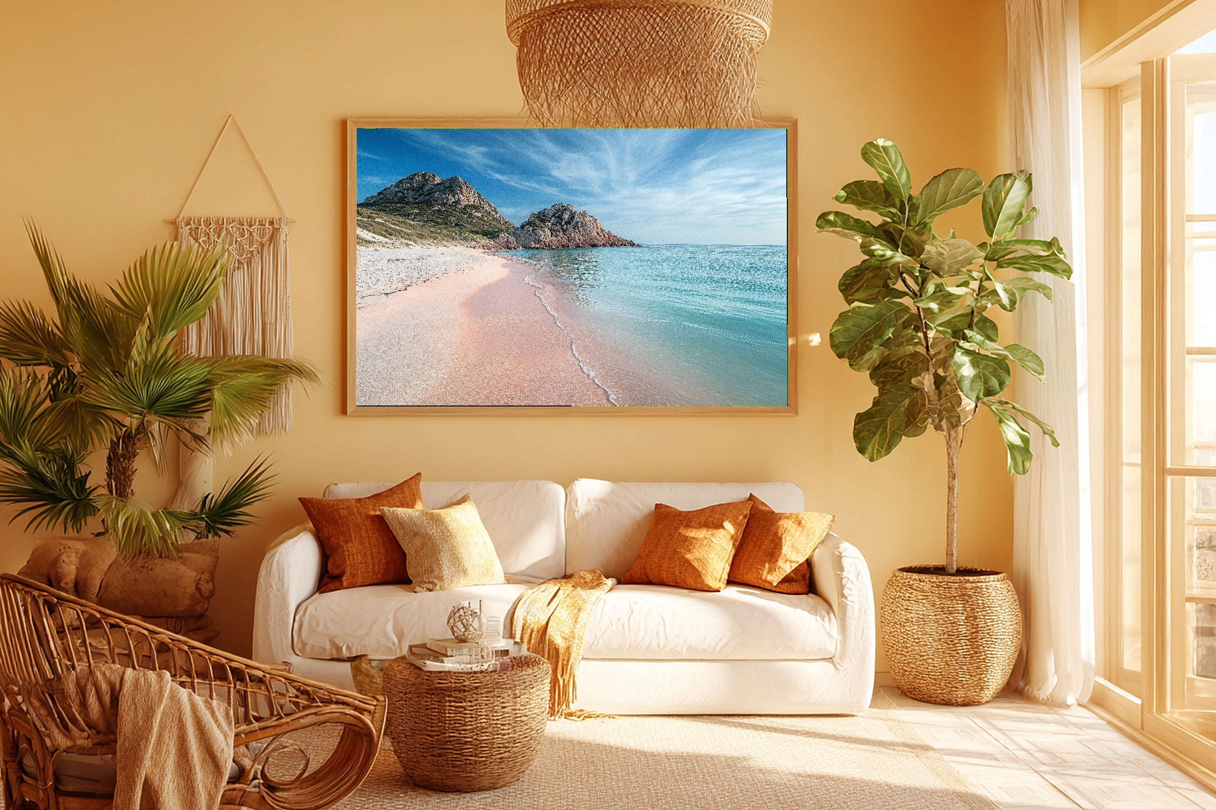 Mediterranean Sardinia Pink Sand Beach Print on Stretched Canvas — Cozy Sunlit Palm for the Sunroom, Gift for the Island-Loving Friend — mediterranean-sardinia-pink-sand-beach-room-5-wall-art.jpg