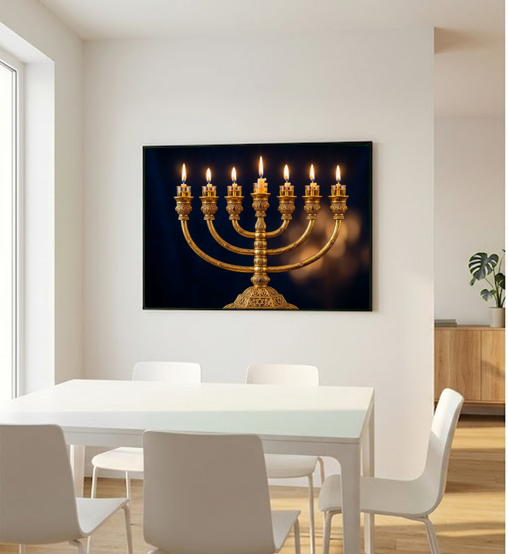 Golden Menorah Canvas Wall Art - Jewish Sacred Print, Hanukkah Light, Judaic Decor, Stretched Canvas — menorah golden light bedroom wall art