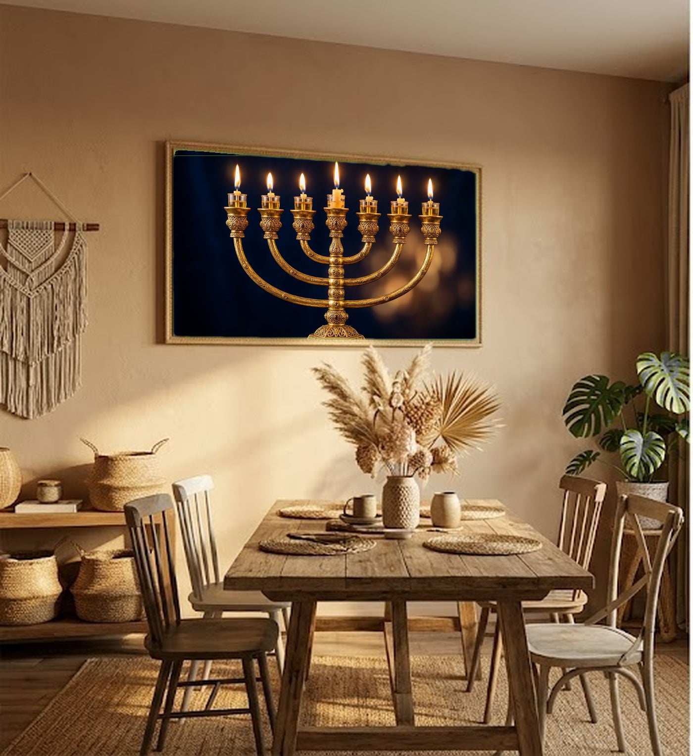 Golden Menorah Canvas Wall Art - Jewish Sacred Print, Hanukkah Light, Judaic Decor, Stretched Canvas — menorah golden light hallway wall art
