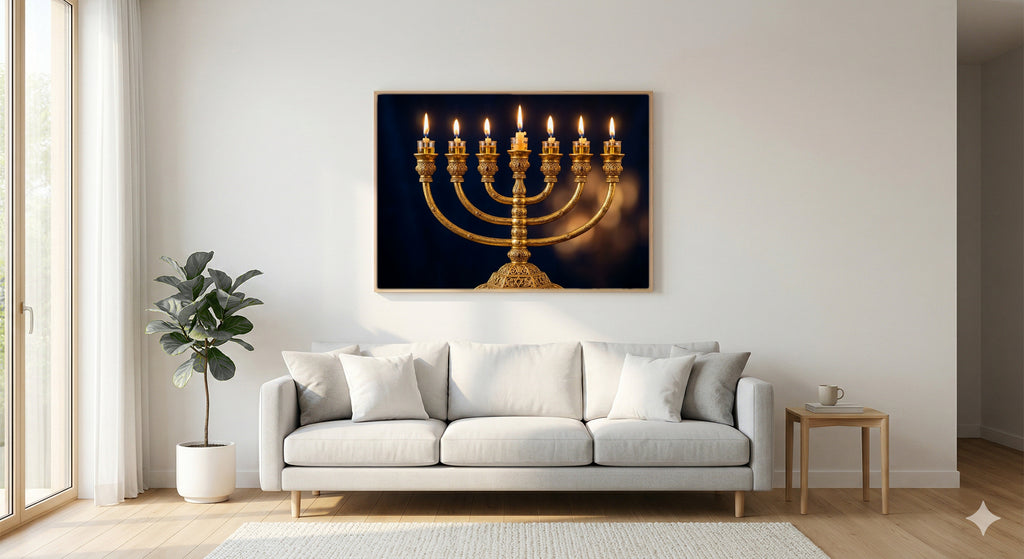 Golden Menorah Canvas Wall Art - Jewish Sacred Print, Hanukkah Light, Judaic Decor, Stretched Canvas — menorah golden light living room wall art