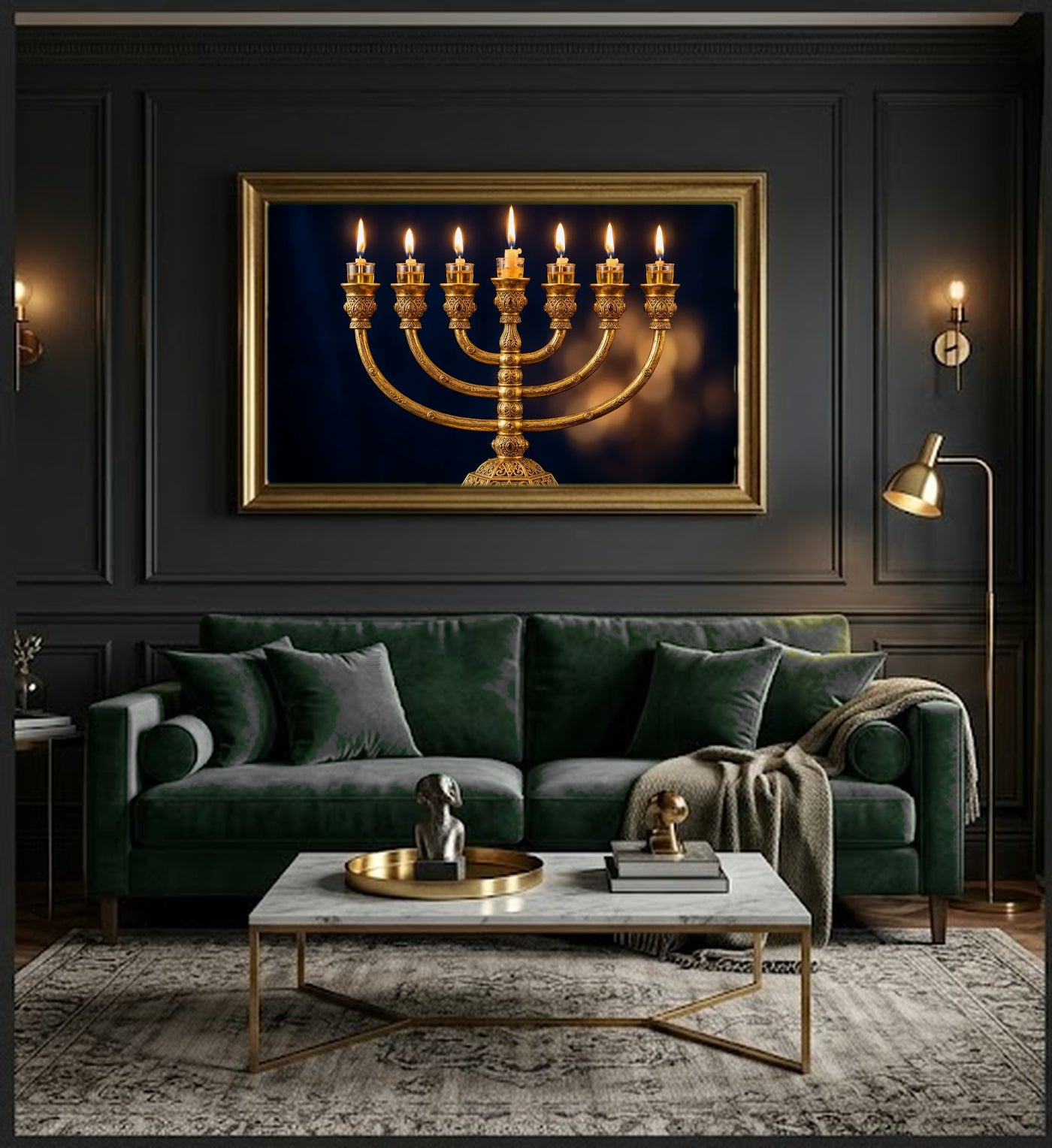Golden Menorah Canvas Wall Art - Jewish Sacred Print, Hanukkah Light, Judaic Decor, Stretched Canvas — menorah golden light office wall art