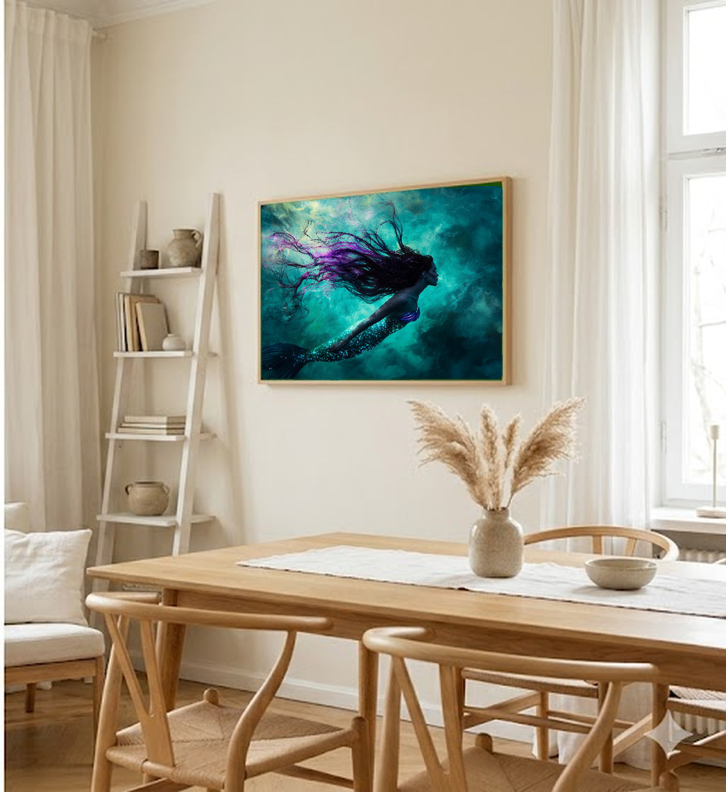 Mermaid Canvas Wall Art | Deep Sea Painterly Print, Fantasy Mythical Decor, Stretched Canvas — mermaid-deep-sea-dining-room-wall-art.jpg