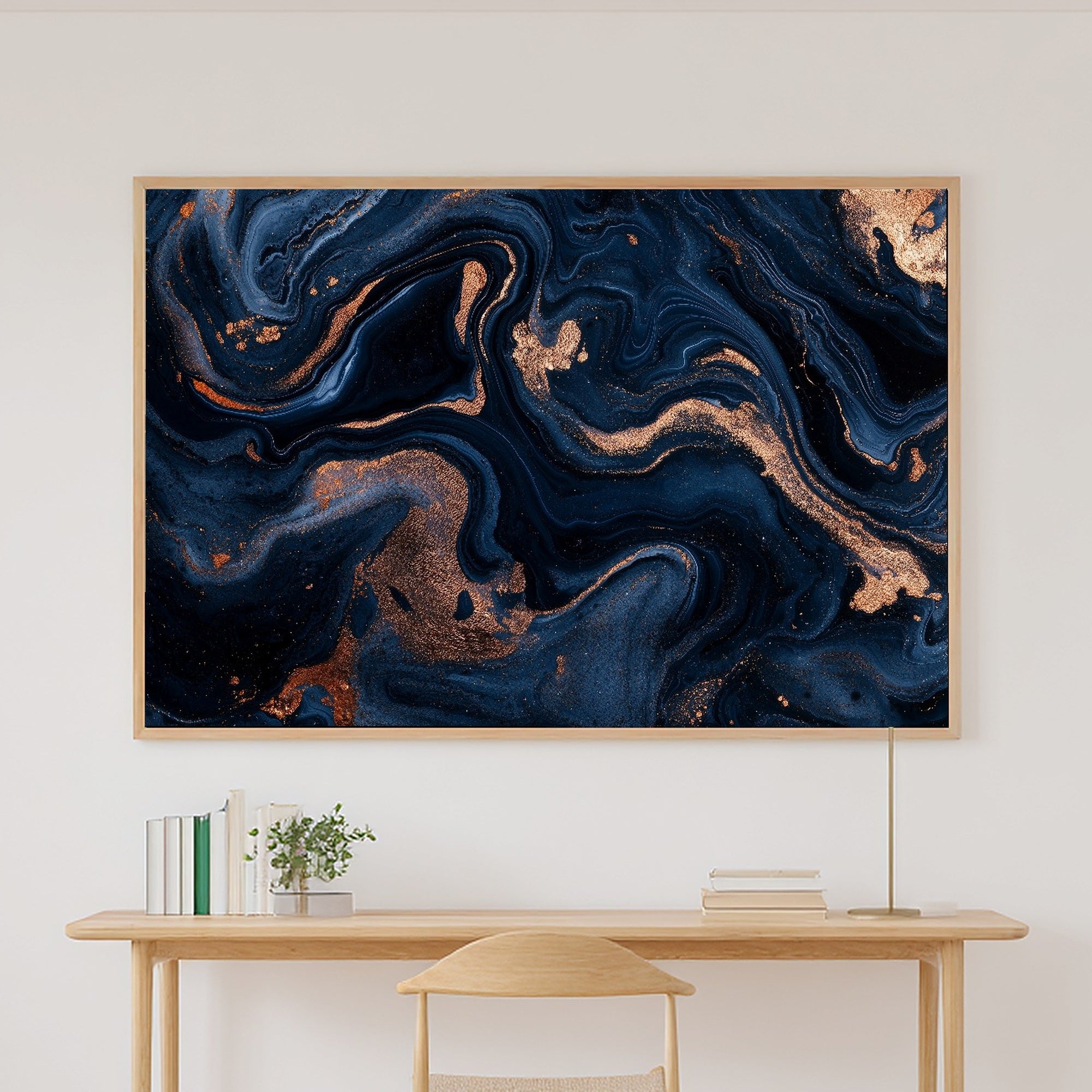 Midnight Navy Copper Abstract Print on Stretched Canvas — Cozy Modern Collector for the Home Office, Gift for the Modern-Home Friend — midnight-navy-copper-abstract-canvas-print.jpg