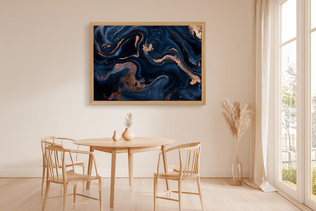 Midnight Navy Copper Abstract Print on Stretched Canvas — Cozy Modern Collector for the Home Office, Gift for the Modern-Home Friend — midnight-navy-copper-abstract-dining-room-wall-art.jpg
