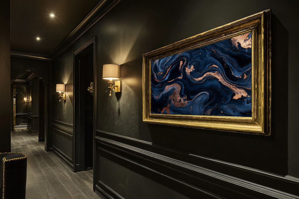 Midnight Navy Copper Abstract Print on Stretched Canvas — Cozy Modern Collector for the Home Office, Gift for the Modern-Home Friend — midnight-navy-copper-abstract-hallway-wall-art.jpg