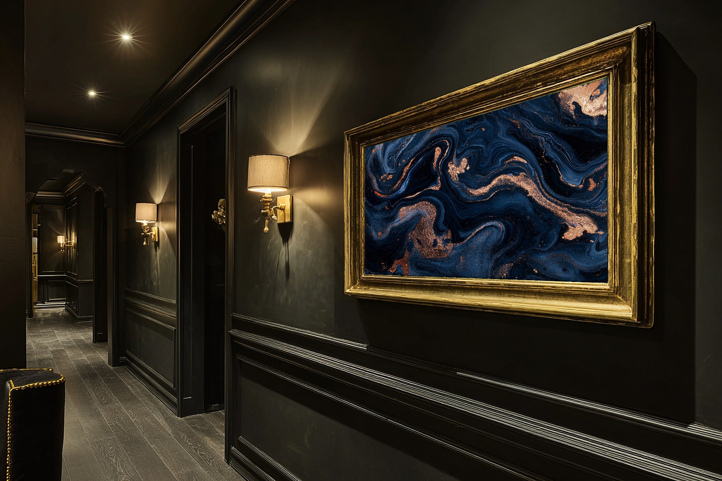 Midnight Navy Copper Abstract Print on Stretched Canvas — Cozy Modern Collector for the Home Office, Gift for the Modern-Home Friend — midnight-navy-copper-abstract-hallway-wall-art.jpg