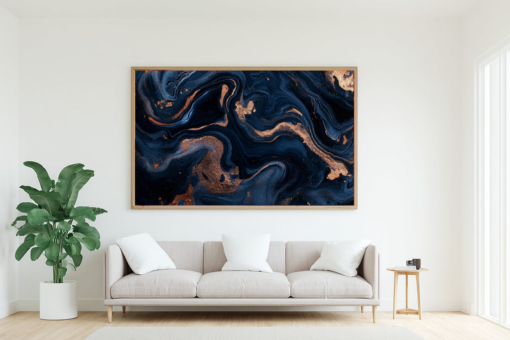 Midnight Navy Copper Abstract Print on Stretched Canvas — Cozy Modern Collector for the Home Office, Gift for the Modern-Home Friend — midnight-navy-copper-abstract-living-room-wall-art.jpg