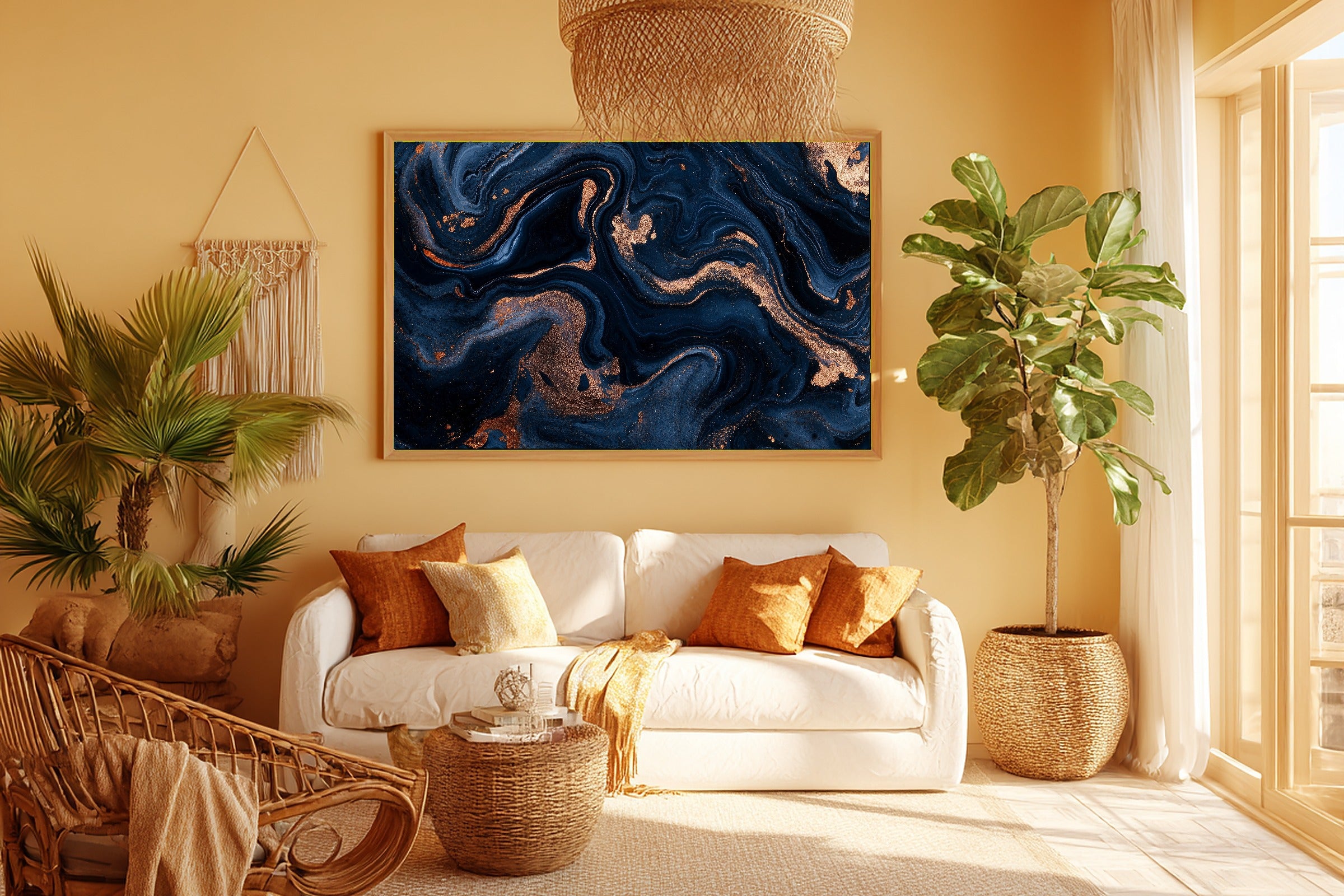 Midnight Navy Copper Abstract Print on Stretched Canvas — Cozy Modern Collector for the Home Office, Gift for the Modern-Home Friend — midnight-navy-copper-abstract-room-5-wall-art.jpg