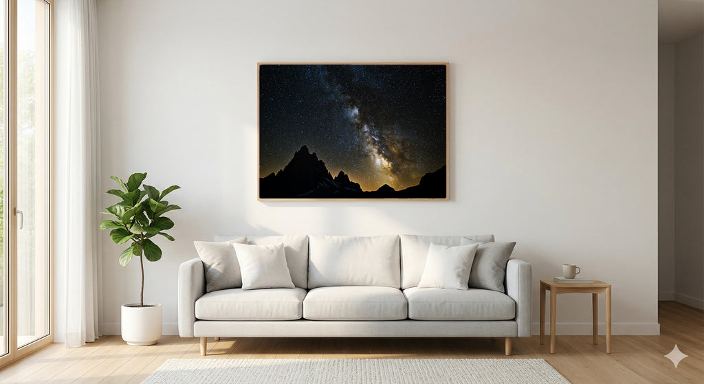Milky Way Mountains Canvas Wall Art | Night Sky Print, Stars Galaxy Decor, Astrophotography, Stretched Canvas — milky-way-mountains-living-room-wall-art.jpg