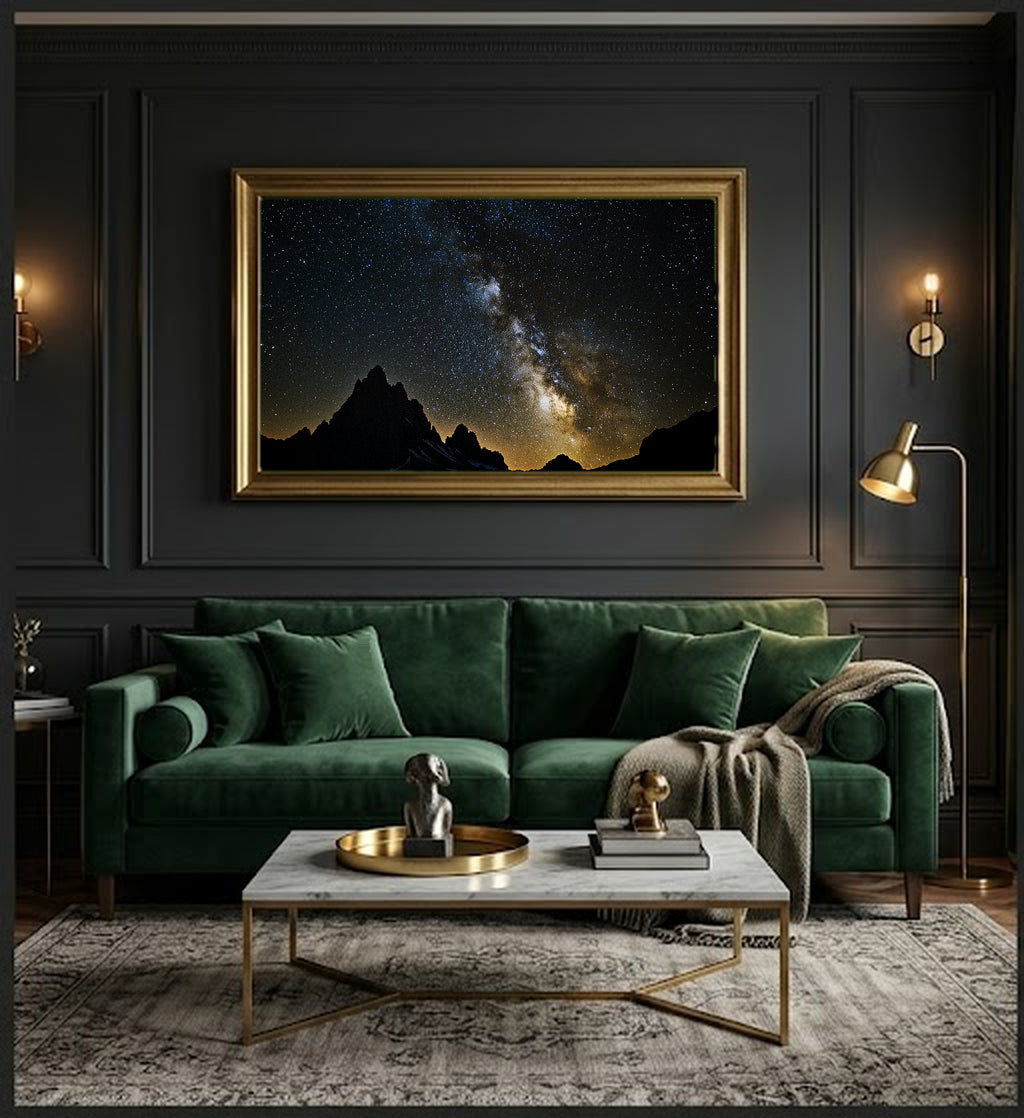 Milky Way Mountains Canvas Wall Art | Night Sky Print, Stars Galaxy Decor, Astrophotography, Stretched Canvas — milky-way-mountains-office-wall-art.jpg