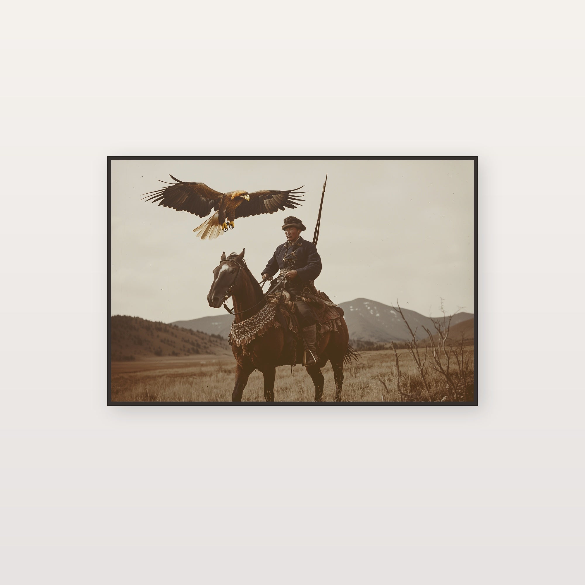 Mongolia Canvas Wall Art | Vintage Eagle Hunter Poster Print, Steppe Decor, Stretched Canvas — mongolia-eagle-hunter-poster-canvas-print.jpg