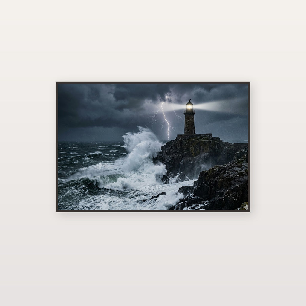Lighthouse Storm Canvas Wall Art - Dramatic Seascape Print, Coastal Art, Nautical Decor, Stretched Canvas — moody lighthouse storm canvas print