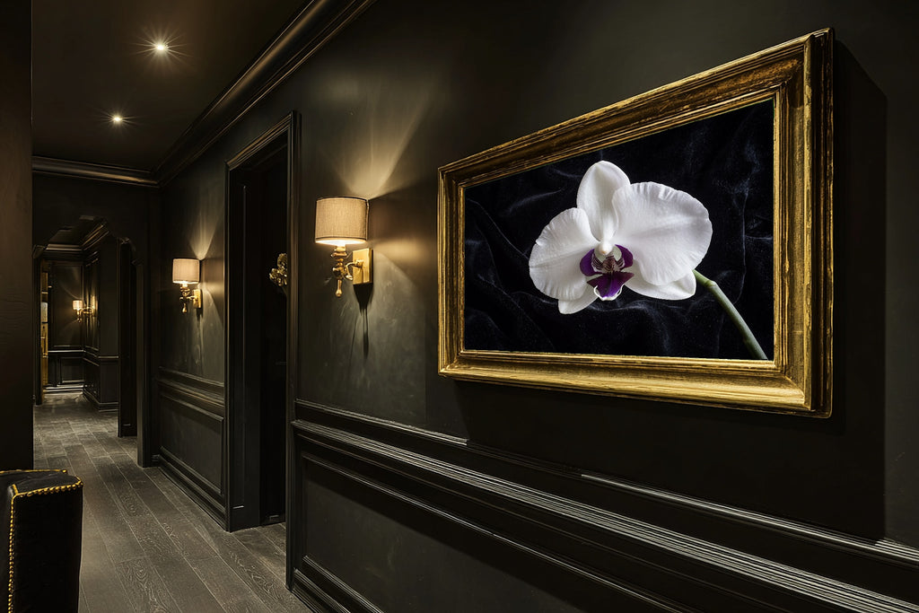 Hand-picked Moody Orchid Single Giclée Print — Dreamy Misty Bamboo for the Meditation Room, Ready-to-Hang Zen Seeker You Love Gift — moody-orchid-single-hallway-wall-art.jpg