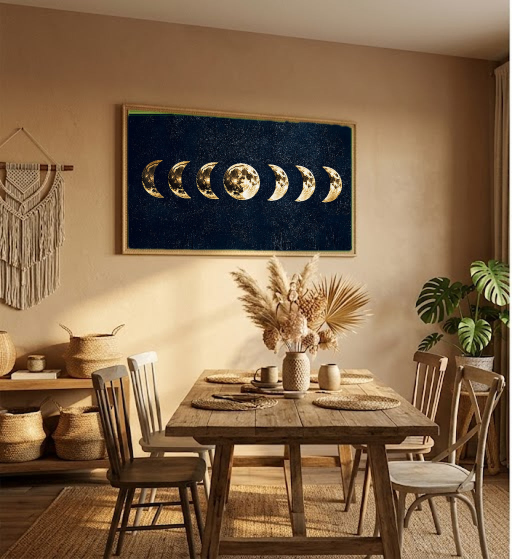 Moon Phases Canvas Wall Art | Gold Foil Celestial Print, Witchy Bedroom Decor, Stretched Canvas — moon-phases-gold-foil-hallway-wall-art.jpg