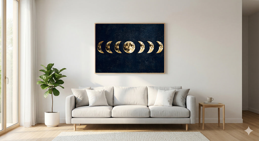Moon Phases Canvas Wall Art | Gold Foil Celestial Print, Witchy Bedroom Decor, Stretched Canvas — moon-phases-gold-foil-living-room-wall-art.jpg
