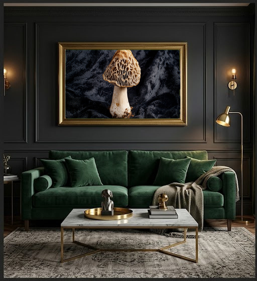 Morel Mushroom Canvas Wall Art | Baroque Velvet Print, Moody Kitchen Decor, Stretched Canvas — morel-mushroom-velvet-baroque-office-wall-art.jpg