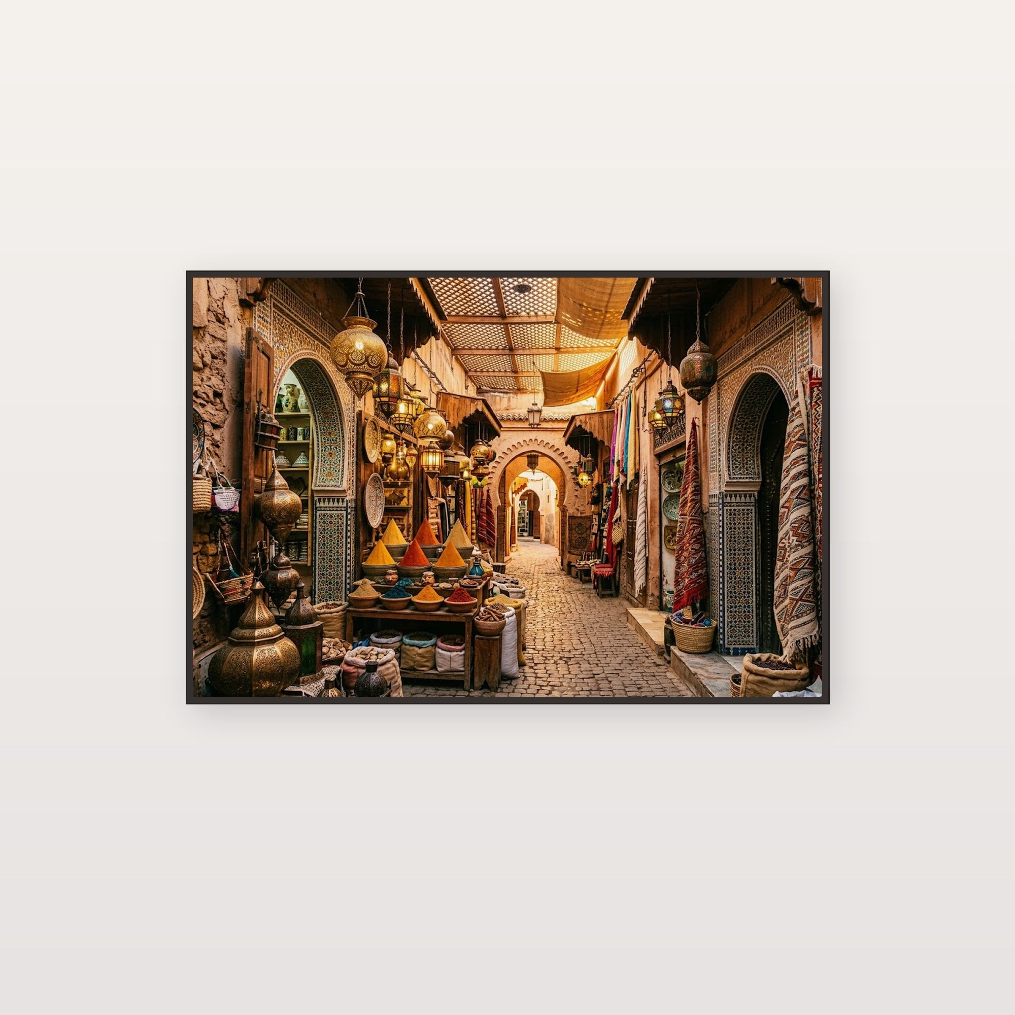 Moroccan Market Canvas Wall Art - Spice Souk Print, Colorful Lanterns, Exotic Decor, Stretched Canvas — moroccan market colors canvas print