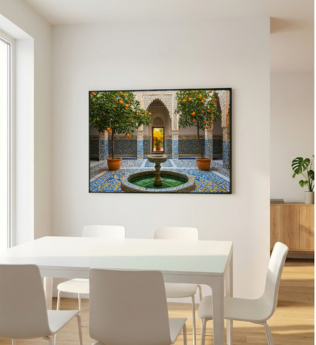Moroccan Riad Canvas Wall Art | Islamic Fountain Print, Mosaic Tile, Sacred Garden, Stretched Canvas — moroccan-riad-fountain-bedroom-wall-art.jpg