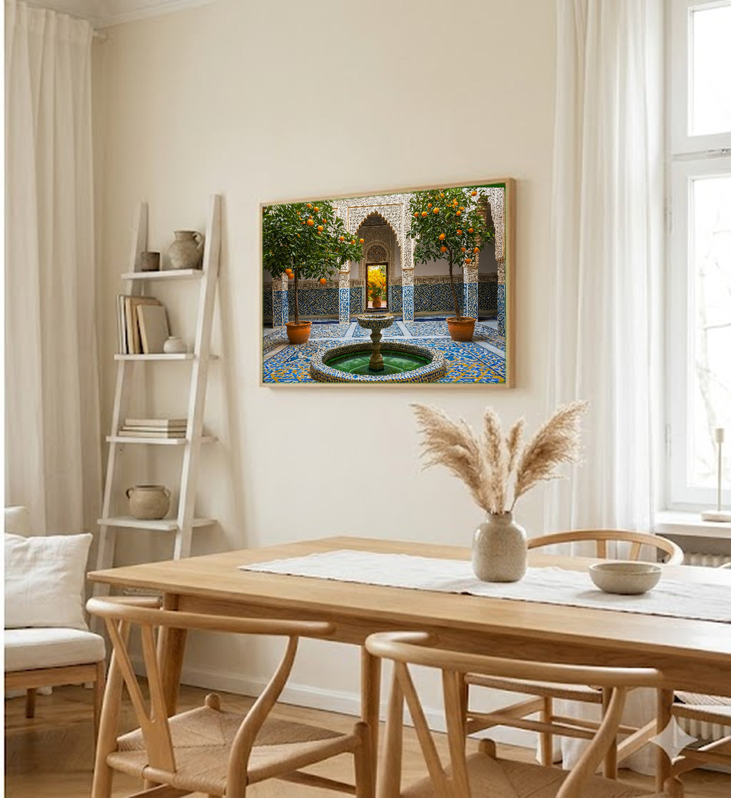 Moroccan Riad Canvas Wall Art | Islamic Fountain Print, Mosaic Tile, Sacred Garden, Stretched Canvas — moroccan-riad-fountain-dining-room-wall-art.jpg