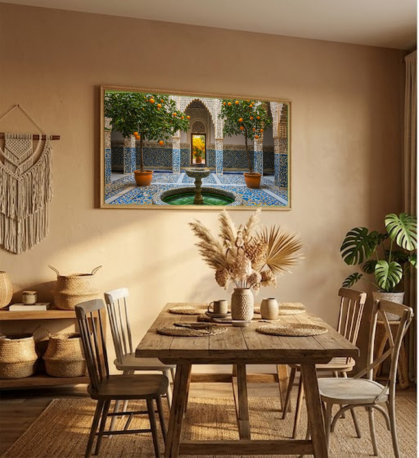 Moroccan Riad Canvas Wall Art | Islamic Fountain Print, Mosaic Tile, Sacred Garden, Stretched Canvas — moroccan-riad-fountain-hallway-wall-art.jpg