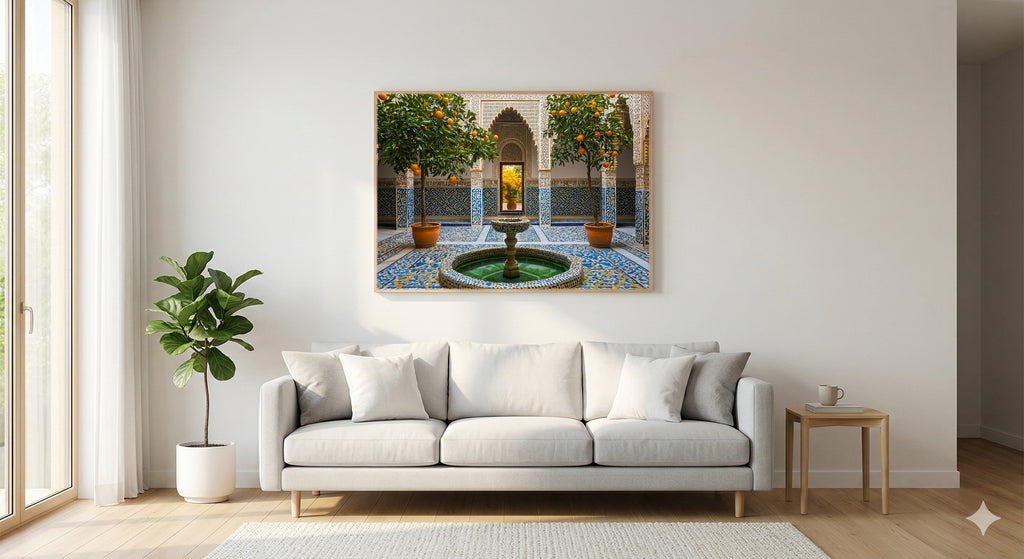 Moroccan Riad Canvas Wall Art | Islamic Fountain Print, Mosaic Tile, Sacred Garden, Stretched Canvas — moroccan-riad-fountain-living-room-wall-art.jpg