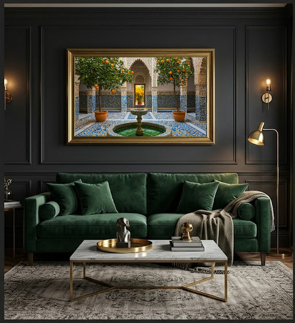 Moroccan Riad Canvas Wall Art | Islamic Fountain Print, Mosaic Tile, Sacred Garden, Stretched Canvas — moroccan-riad-fountain-office-wall-art.jpg