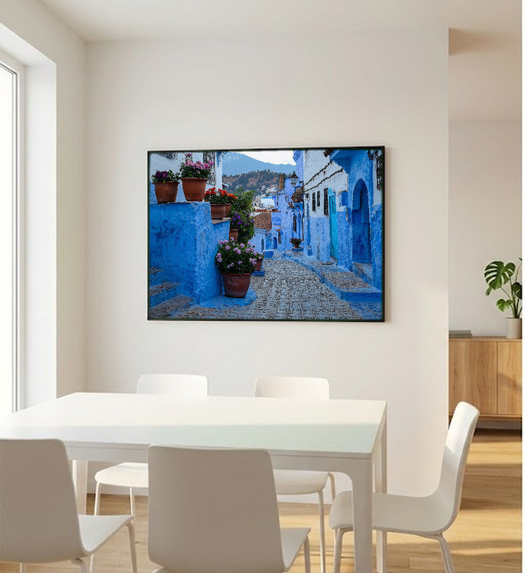 Chefchaouen Canvas Wall Art | Morocco Blue City Print, African Village, Travel Decor, Stretched Canvas — morocco-chefchaouen-bedroom-wall-art.jpg
