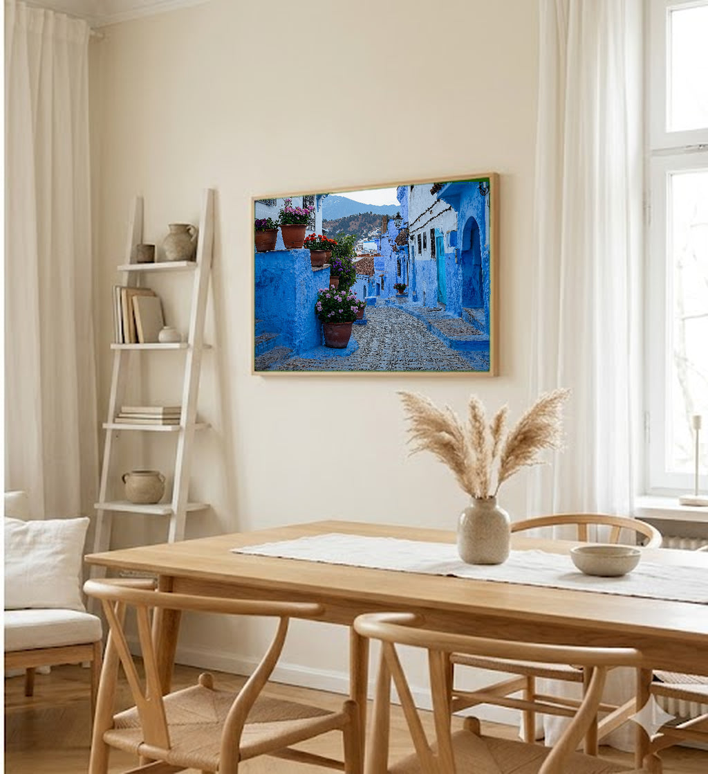 Chefchaouen Canvas Wall Art | Morocco Blue City Print, African Village, Travel Decor, Stretched Canvas — morocco-chefchaouen-dining-room-wall-art.jpg