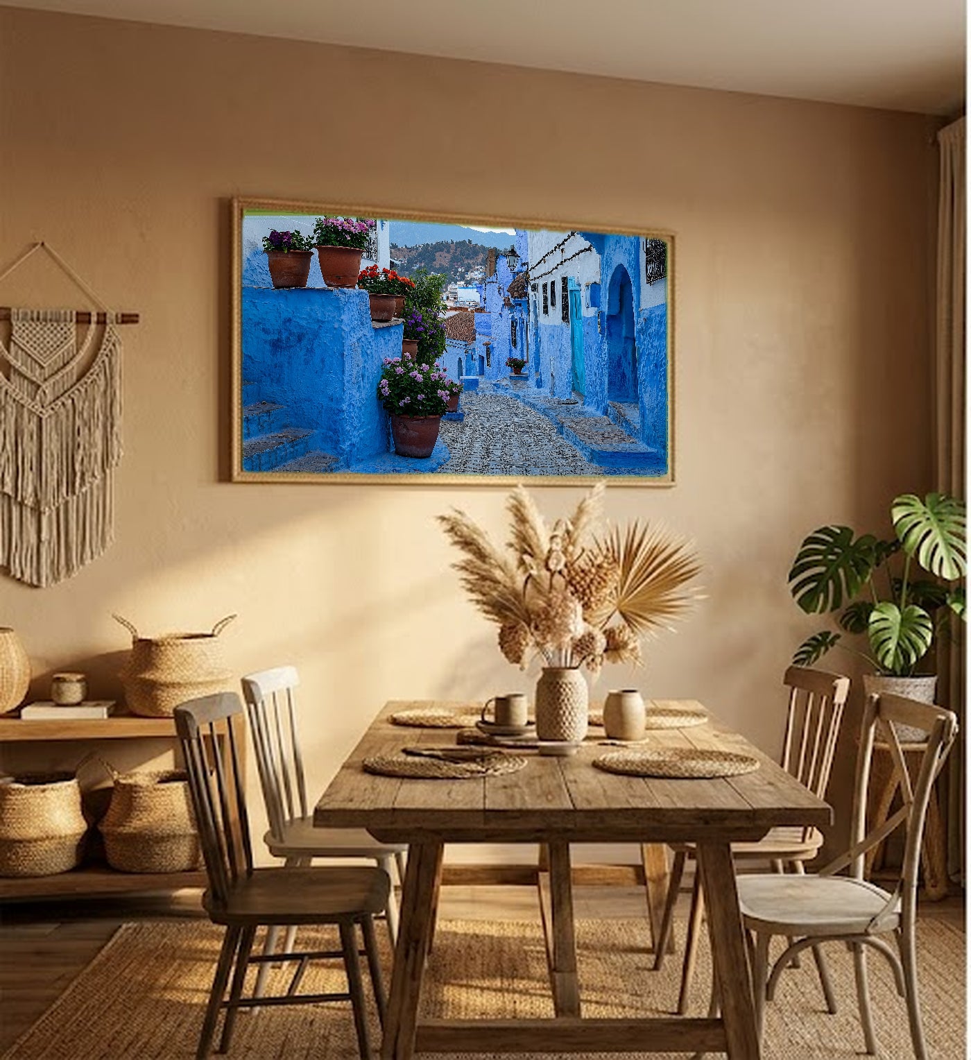 Chefchaouen Canvas Wall Art | Morocco Blue City Print, African Village, Travel Decor, Stretched Canvas — morocco-chefchaouen-hallway-wall-art.jpg