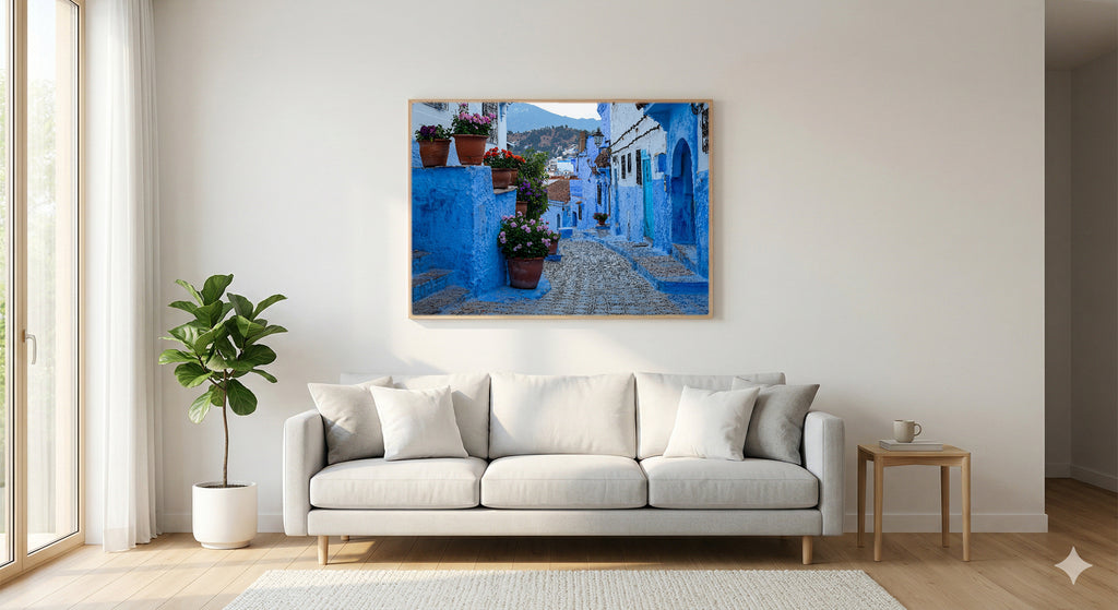 Chefchaouen Canvas Wall Art | Morocco Blue City Print, African Village, Travel Decor, Stretched Canvas — morocco-chefchaouen-living-room-wall-art.jpg