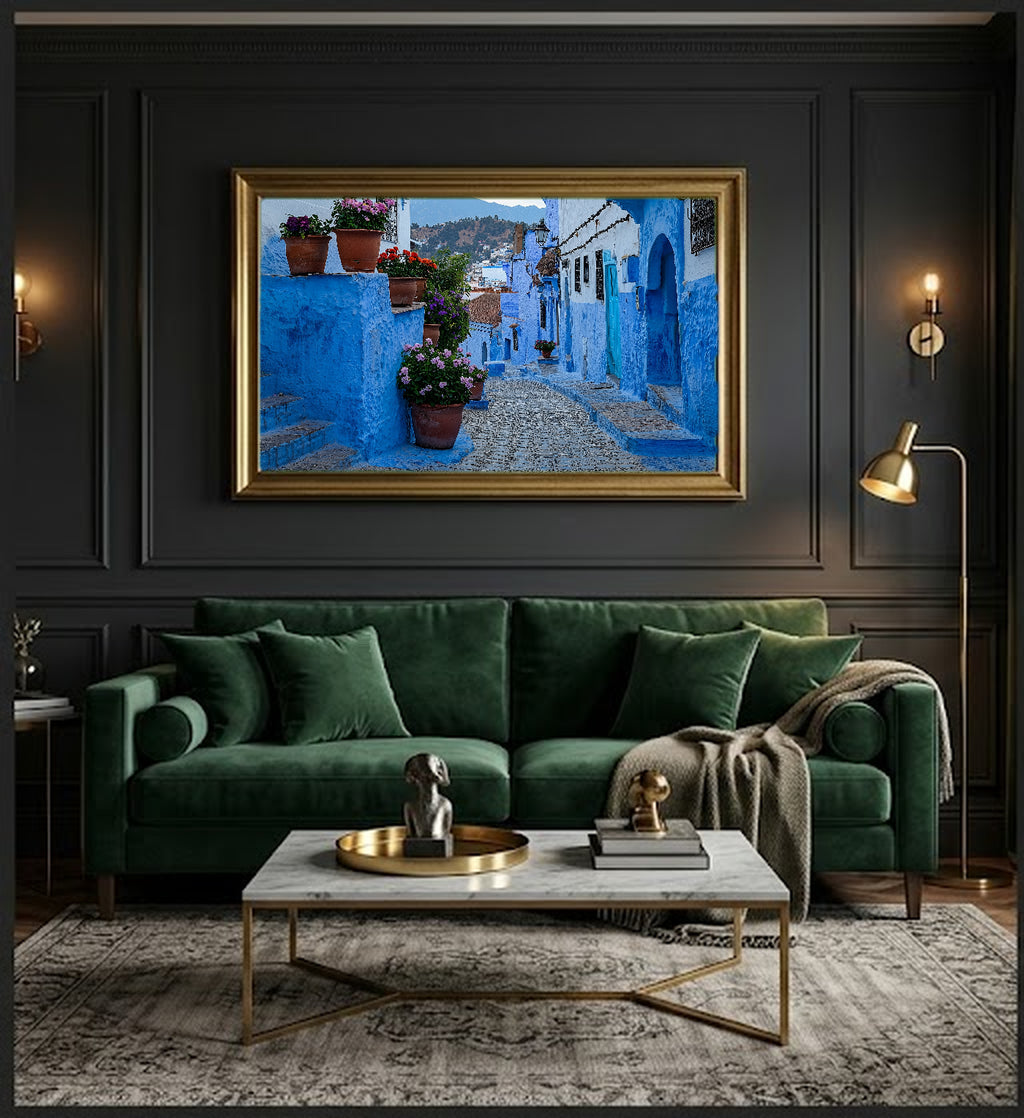 Chefchaouen Canvas Wall Art | Morocco Blue City Print, African Village, Travel Decor, Stretched Canvas — morocco-chefchaouen-office-wall-art.jpg