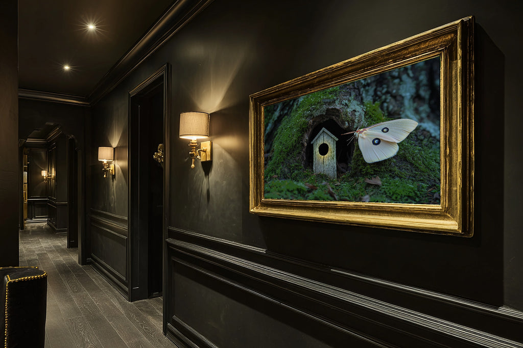 Moth Door Moonlit Museum-Quality Canvas, Dreamy Woodland Print, Soft Woodland Glow Artwork, Christmas Gift for Nature Lovers — moth-door-moonlit-hallway-wall-art.jpg
