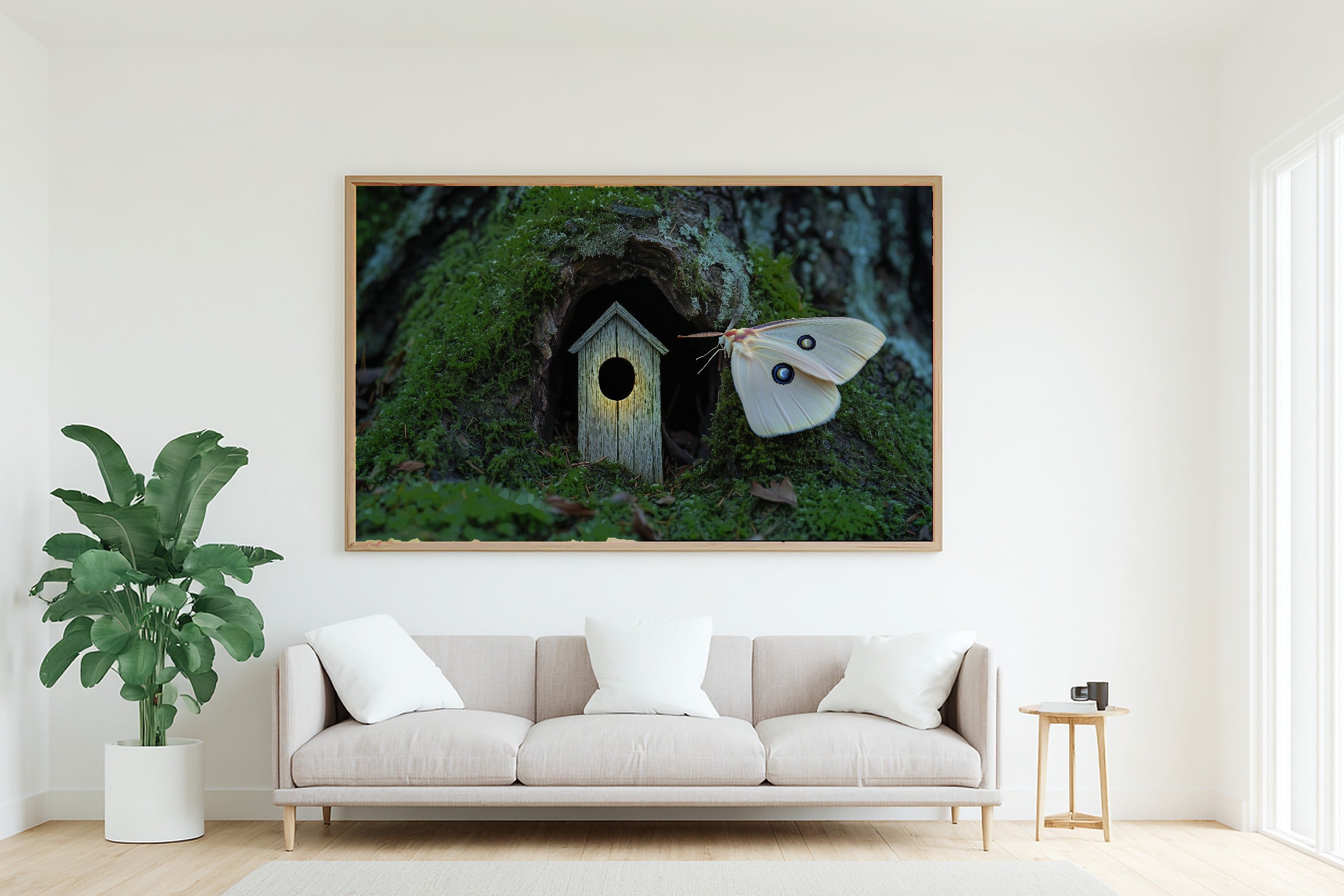 Moth Door Moonlit Museum-Quality Canvas, Dreamy Woodland Print, Soft Woodland Glow Artwork, Christmas Gift for Nature Lovers — moth-door-moonlit-living-room-wall-art.jpg