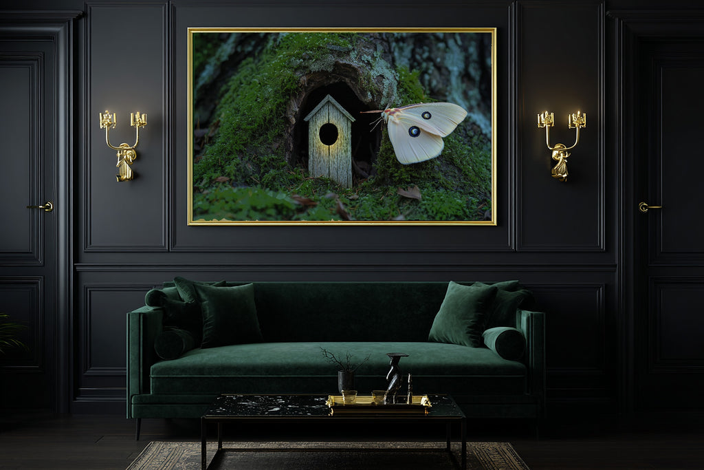 Moth Door Moonlit Museum-Quality Canvas, Dreamy Woodland Print, Soft Woodland Glow Artwork, Christmas Gift for Nature Lovers — moth-door-moonlit-office-wall-art.jpg