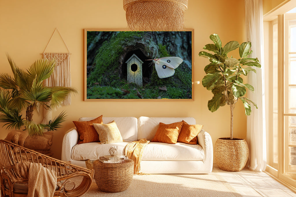 Moth Door Moonlit Museum-Quality Canvas, Dreamy Woodland Print, Soft Woodland Glow Artwork, Christmas Gift for Nature Lovers — moth-door-moonlit-room-5-wall-art.jpg