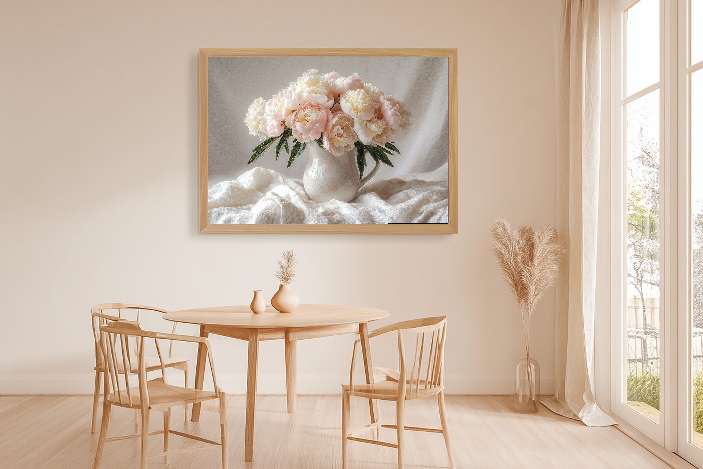 Mothers Garden Peony Vase Canvas Wall Art, Calm Coastal Seascape, Beach House Wall Decor, Mother's Day Gift Idea — mothers-garden-peony-vase-dining-room-wall-art.jpg