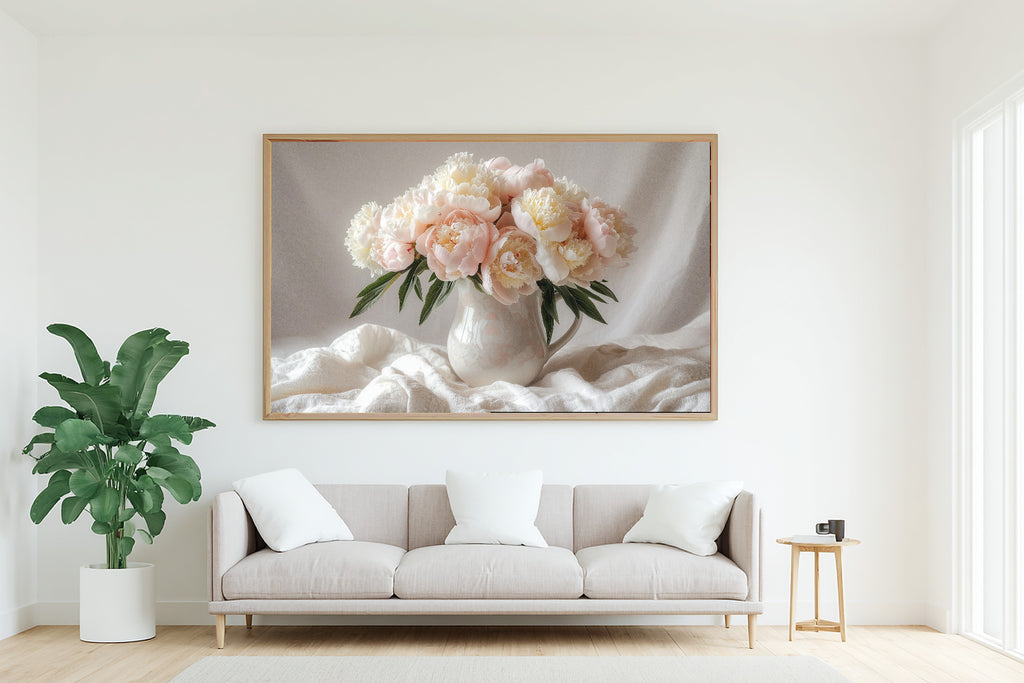 Mothers Garden Peony Vase Canvas Wall Art, Calm Coastal Seascape, Beach House Wall Decor, Mother's Day Gift Idea — mothers-garden-peony-vase-living-room-wall-art.jpg