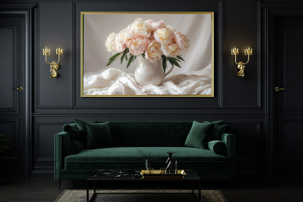 Mothers Garden Peony Vase Canvas Wall Art, Calm Coastal Seascape, Beach House Wall Decor, Mother's Day Gift Idea — mothers-garden-peony-vase-office-wall-art.jpg