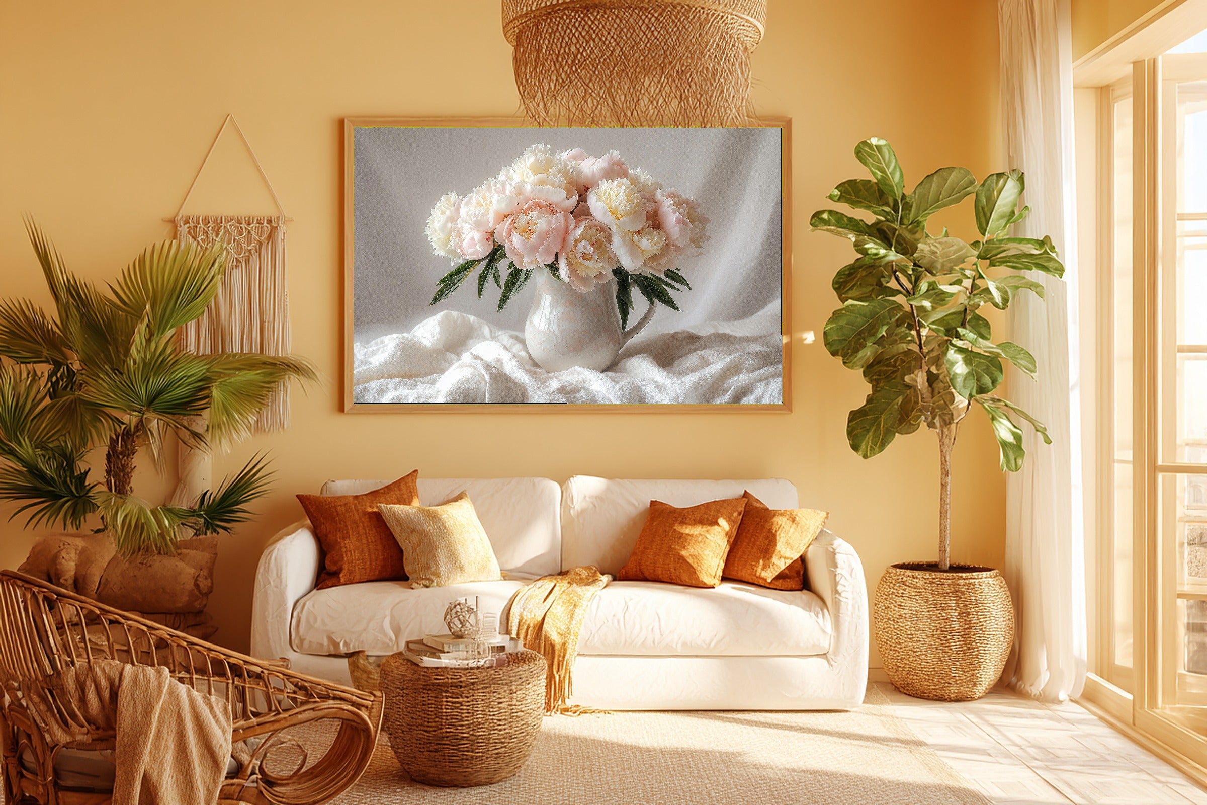 Mothers Garden Peony Vase Canvas Wall Art, Calm Coastal Seascape, Beach House Wall Decor, Mother's Day Gift Idea — mothers-garden-peony-vase-room-5-wall-art.jpg