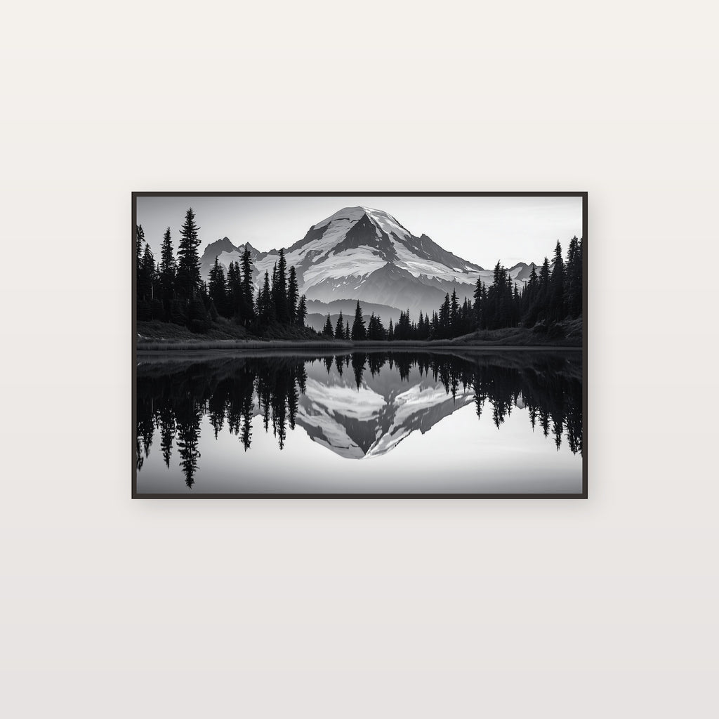 Mount Rainier Canvas Wall Art | Sumi-e Reflection Print, Pacific Northwest Decor, Stretched Canvas — mount-rainier-sumi-reflection-canvas-print.jpg