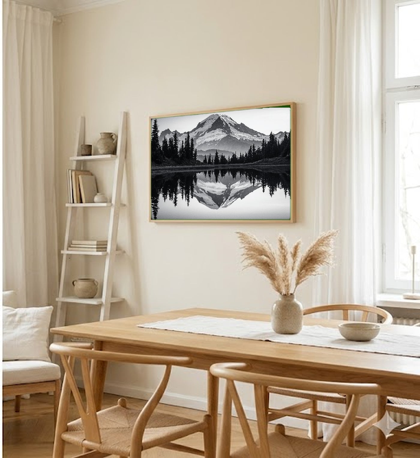 Mount Rainier Canvas Wall Art | Sumi-e Reflection Print, Pacific Northwest Decor, Stretched Canvas — mount-rainier-sumi-reflection-dining-room-wall-art.jpg