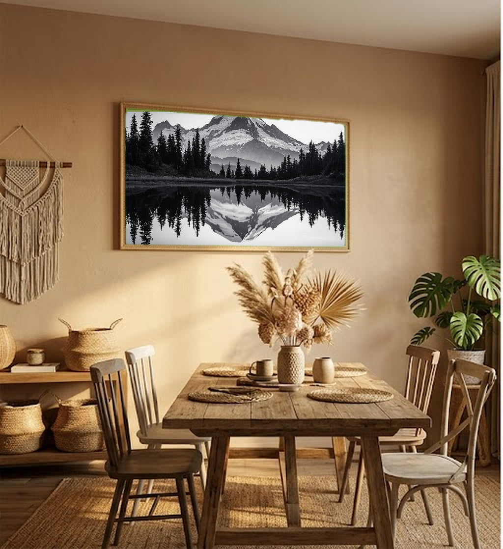 Mount Rainier Canvas Wall Art | Sumi-e Reflection Print, Pacific Northwest Decor, Stretched Canvas — mount-rainier-sumi-reflection-hallway-wall-art.jpg