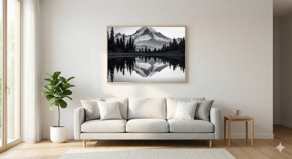 Mount Rainier Canvas Wall Art | Sumi-e Reflection Print, Pacific Northwest Decor, Stretched Canvas — mount-rainier-sumi-reflection-living-room-wall-art.jpg