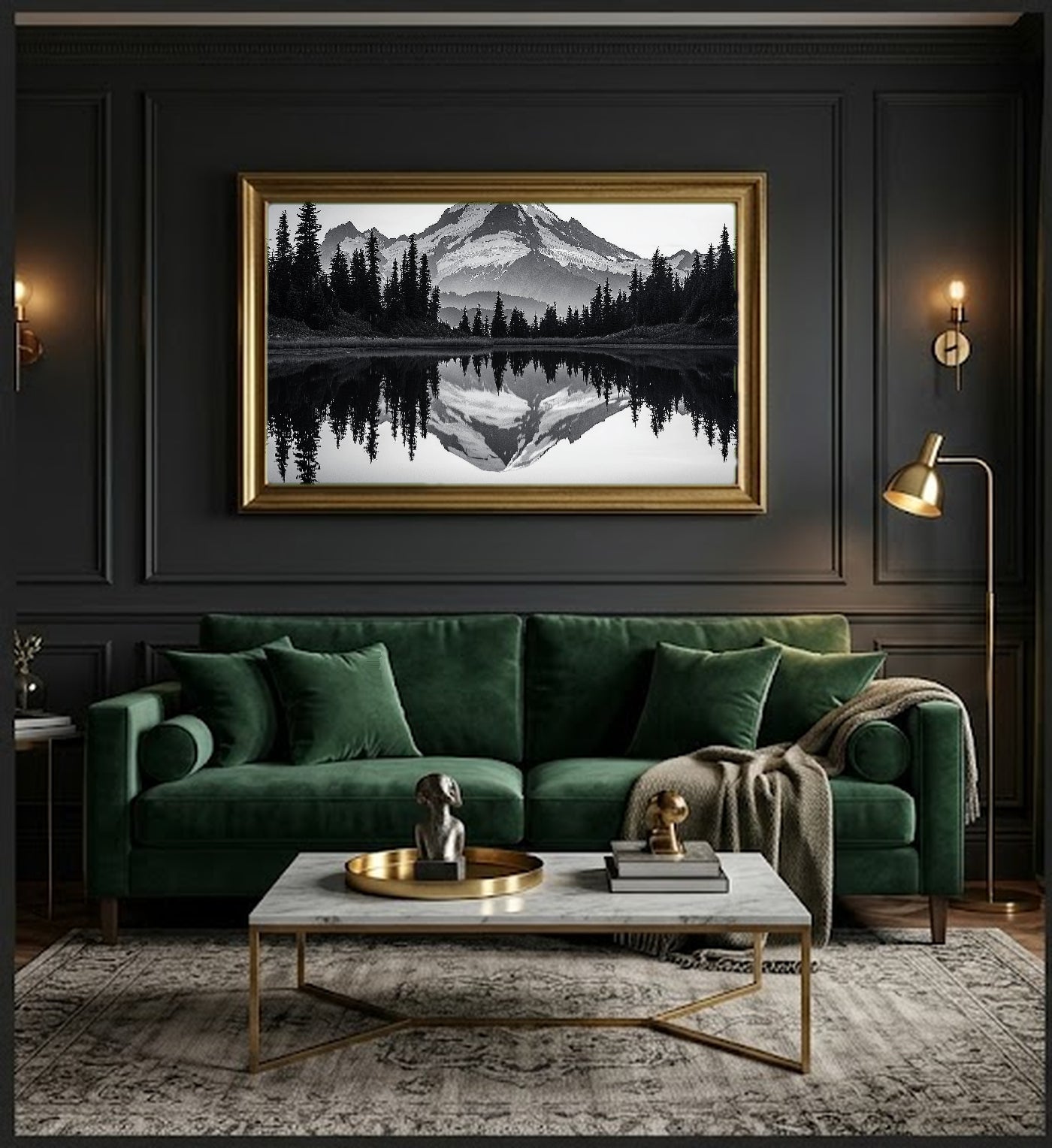 Mount Rainier Canvas Wall Art | Sumi-e Reflection Print, Pacific Northwest Decor, Stretched Canvas — mount-rainier-sumi-reflection-office-wall-art.jpg