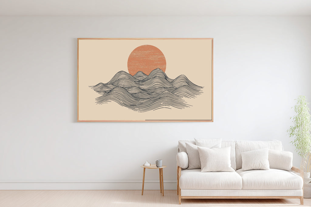 Mountain Line Minimal Sunrise Print on Stretched Canvas — Heartfelt Glowing Midnight for the Bedroom, Gift for the Aurora Chaser Next Door — mountain-line-minimal-sunrise-bedroom-wall-art.jpg