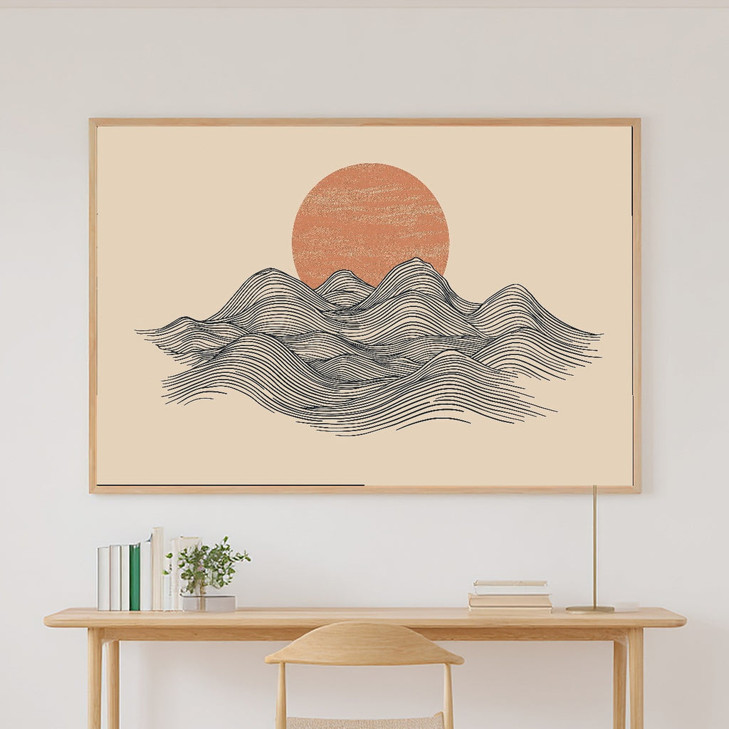 Mountain Line Minimal Sunrise Print on Stretched Canvas — Heartfelt Glowing Midnight for the Bedroom, Gift for the Aurora Chaser Next Door — mountain-line-minimal-sunrise-canvas-print.jpg