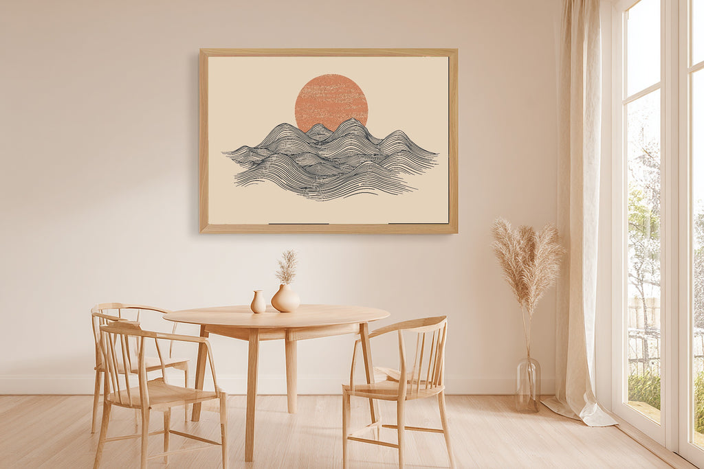 Mountain Line Minimal Sunrise Print on Stretched Canvas — Heartfelt Glowing Midnight for the Bedroom, Gift for the Aurora Chaser Next Door — mountain-line-minimal-sunrise-dining-room-wall-art.jpg
