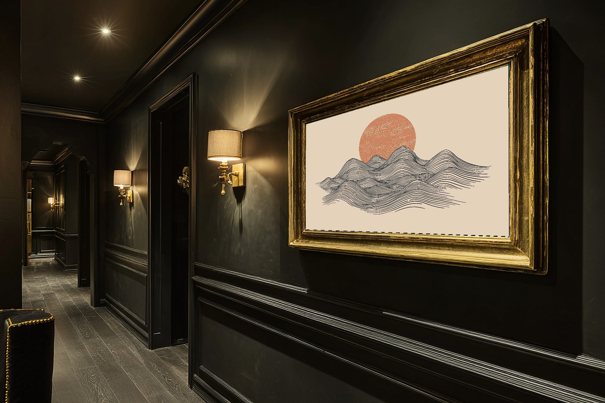 Mountain Line Minimal Sunrise Print on Stretched Canvas — Heartfelt Glowing Midnight for the Bedroom, Gift for the Aurora Chaser Next Door — mountain-line-minimal-sunrise-hallway-wall-art.jpg