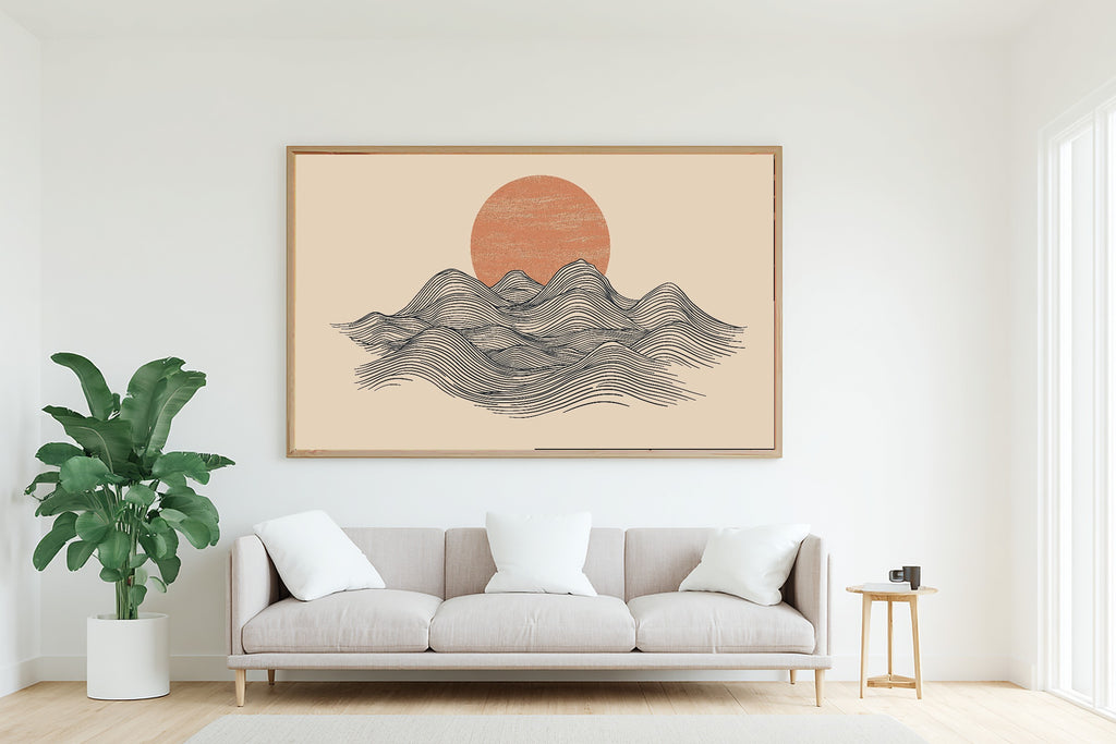 Mountain Line Minimal Sunrise Print on Stretched Canvas — Heartfelt Glowing Midnight for the Bedroom, Gift for the Aurora Chaser Next Door — mountain-line-minimal-sunrise-living-room-wall-art.jpg