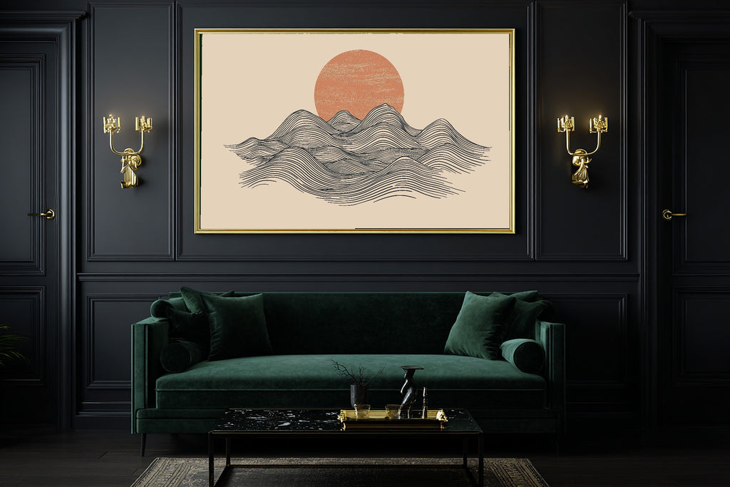 Mountain Line Minimal Sunrise Print on Stretched Canvas — Heartfelt Glowing Midnight for the Bedroom, Gift for the Aurora Chaser Next Door — mountain-line-minimal-sunrise-office-wall-art.jpg